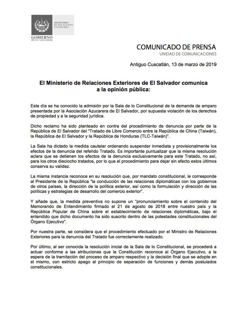 Cancillería: es legal la denuncia del TLC con Taiwán 